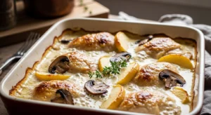 Chicken Casserole à la Normande (Creamy French-Style Bake) fresh from the oven with golden creamy sauce.