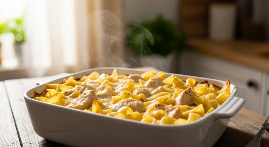 Creamy Chicken Casserole with Egg Noodles (Classic & Cozy) baked until golden and creamy