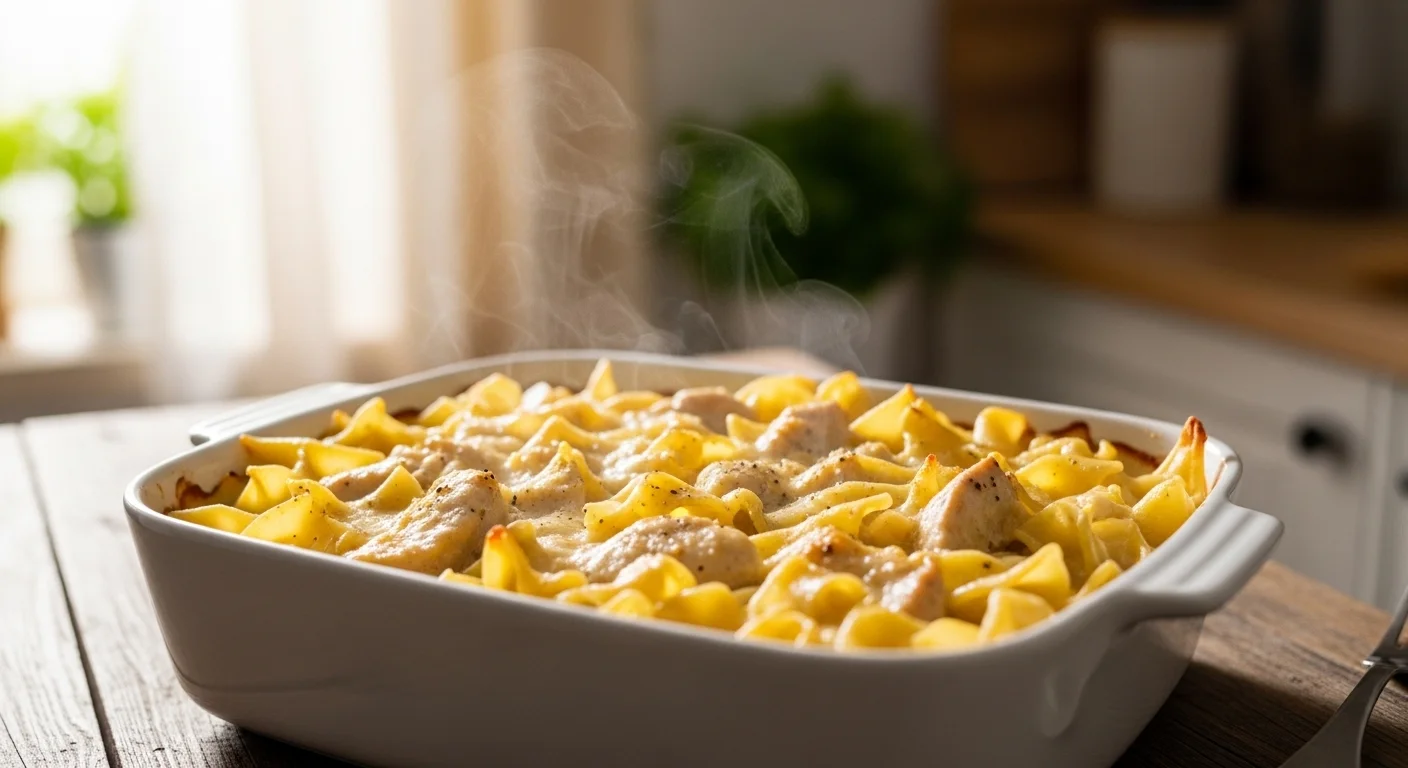 Creamy Chicken Casserole with Egg Noodles (Classic & Cozy) baked until golden and creamy