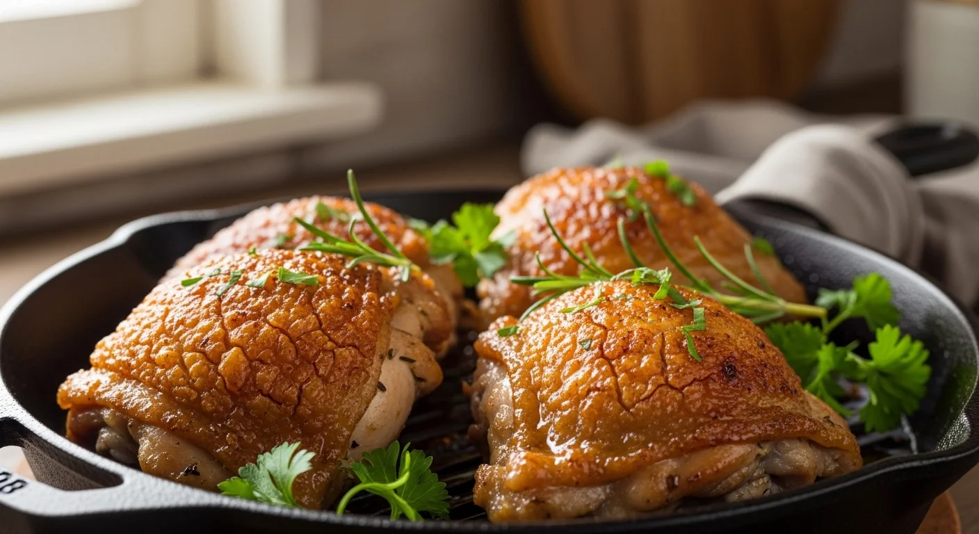 Crispy skillet 30-Minute Chicken Thigh Recipe with golden skin and juicy interior