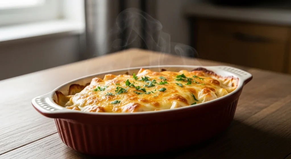 Easy Air Fryer Chicken Casserole for Small Batches baked in a small ceramic dish with golden melted cheese on top