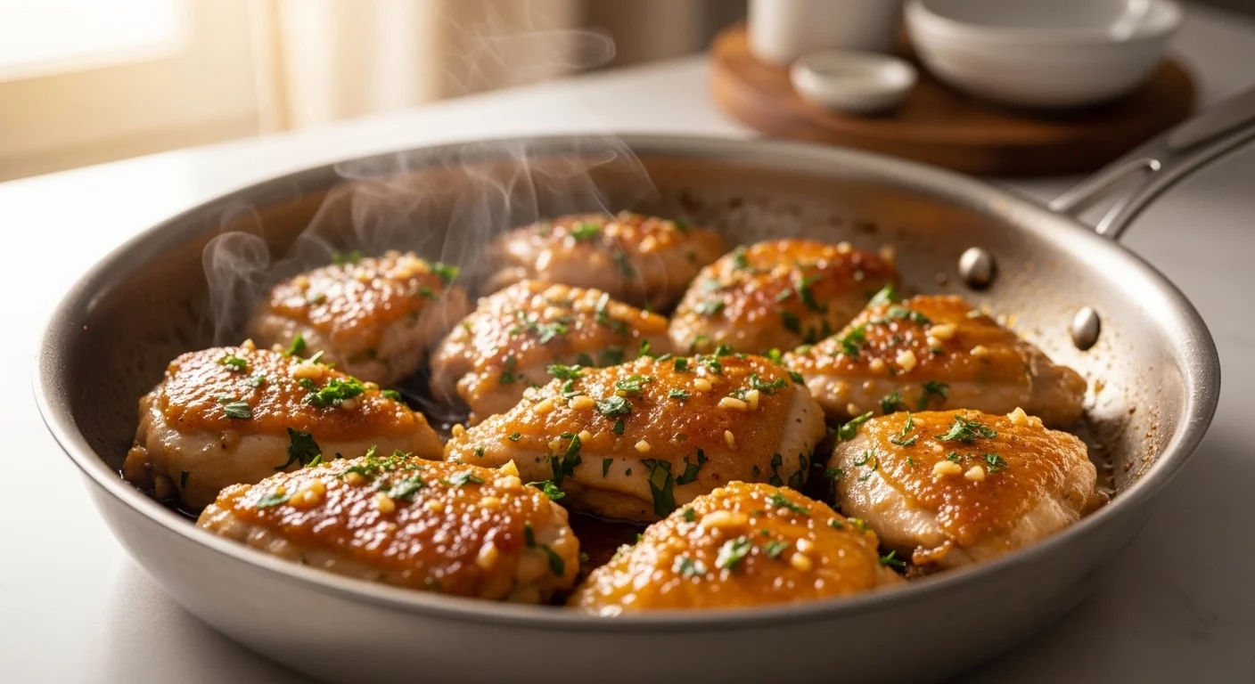 Golden pan-seared 30-Minute Garlic Chicken Recipe with glossy garlic sauce and fresh herbs