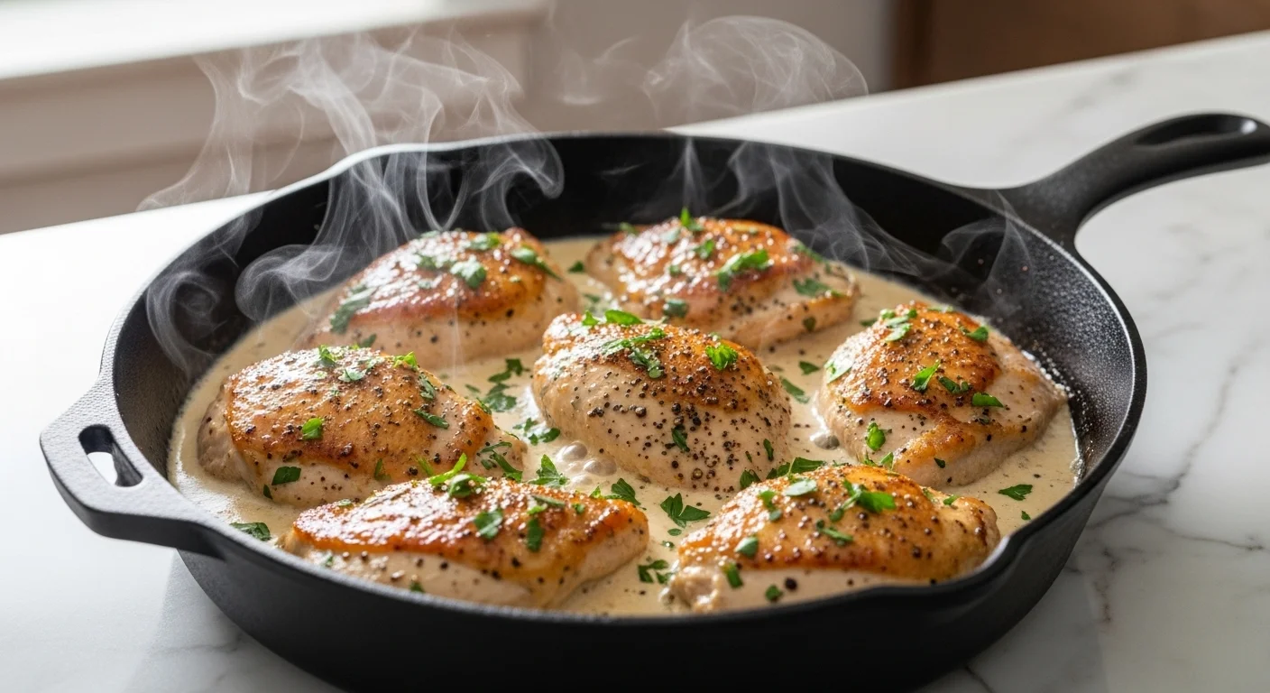 Skillet 30-Minute Creamy Chicken Recipe with rich cream sauce and herbs