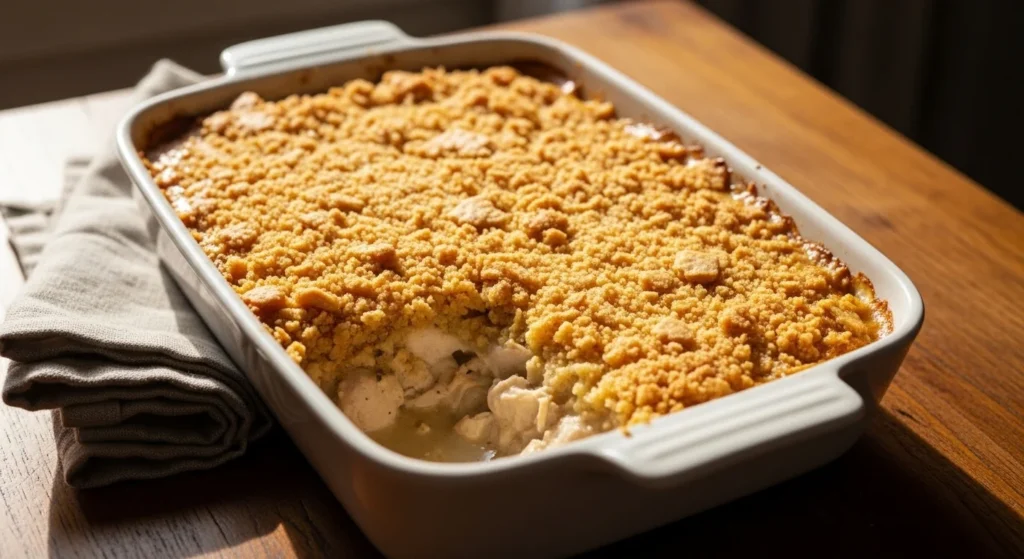 Southern-Style Chicken Casserole Inspired by Classic Comfort Food baked until golden and bubbly in a casserole dish.
