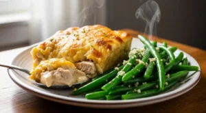 What Goes with Chicken Casserole Easy Side Dish Ideas featuring garlic green beans served beside chicken casserole.